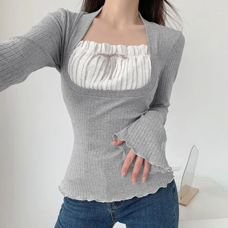 Women's T Shirts Wooden Ear Flare Long Sleeve Top Contrast Color Square Collar Horn For Women