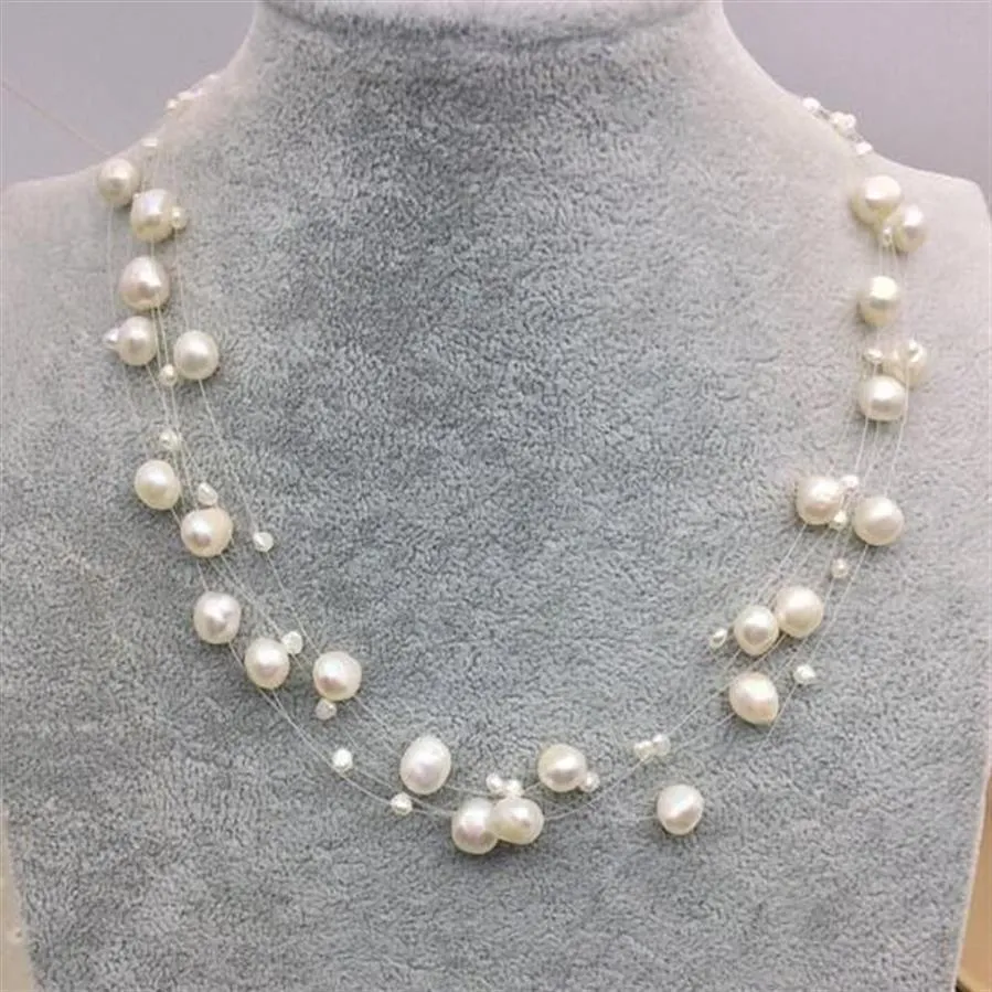 New Arriver Illusion Pearl Necklace Multiple Strand Bridesmaid Women Jewellery White Color Freshwater Pearl Choker Necklace305F