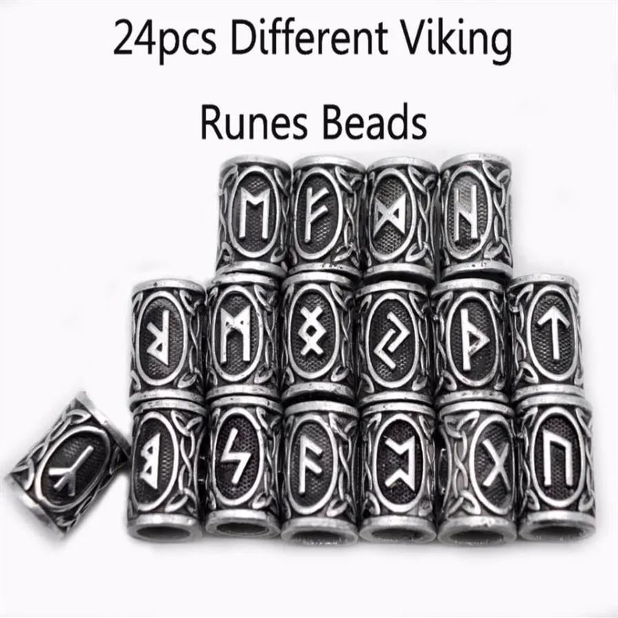 24pcs Top Silver Norse Viking Runes Charms Beads Findings for Bracelets for Pendant Necklace Beard or Hair Vikings Rune Kits2316