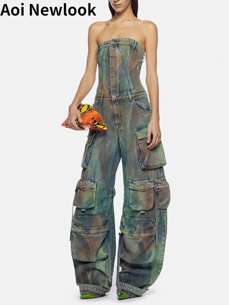 Women's Jumpsuits Rompers Vintage Street Denim Jumpsuit Women Spring Summer Punk Rock Style Colorful Strapless Slim Fit Old Washed Wide Leg Pants 231213