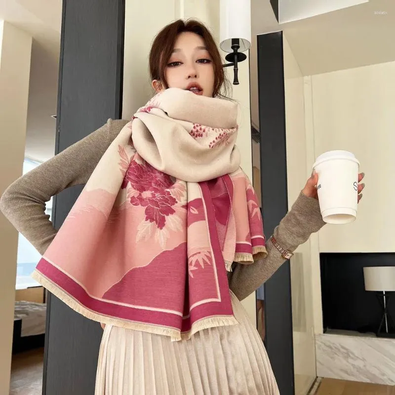 Scarves Chinese Style Landscape Flower Scarf Autumn And Winter High-end Feel Imitation Cashmere Women's Versatile Thick Female