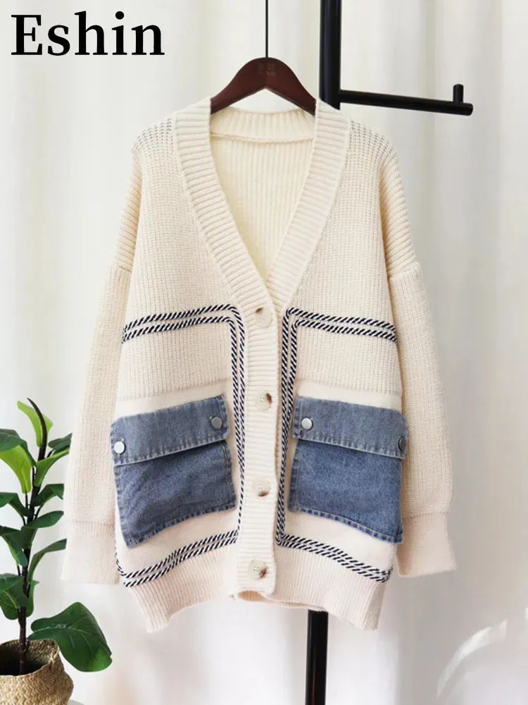 여성 S 니트 티 ESHIN 2023 WINTER DENIM PATCHWORT KNITTING CARDigan for Women Loose V Long Sleeve Design Y2K 스웨터 패션 탑 Th339 231214