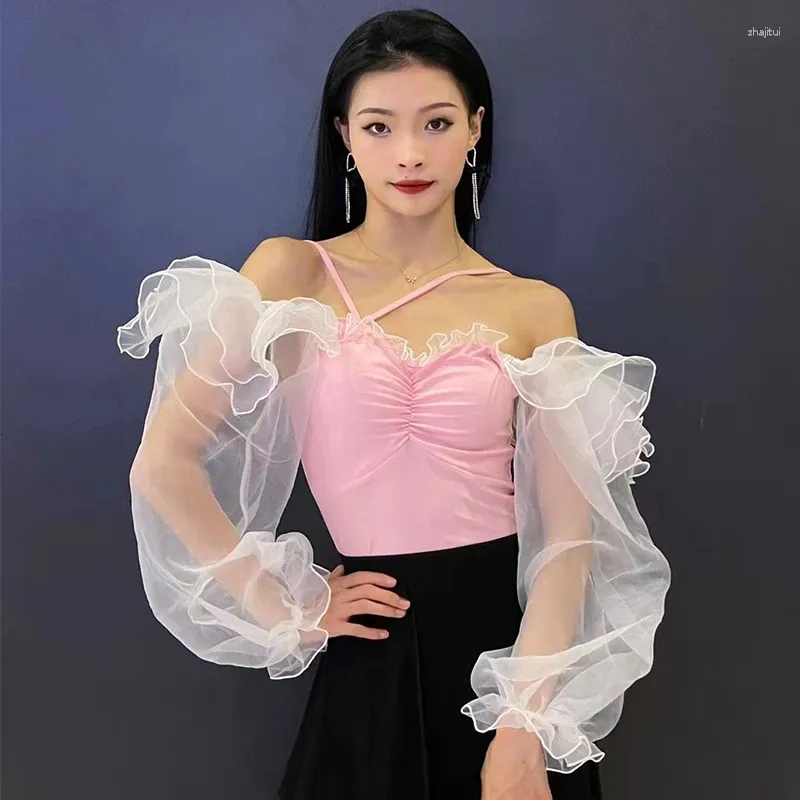 Stage Wear Fairy Mesh Puff Sleeves Pink Ballroom Dance Tops Women Adult Leotards Performance Clothes Latin Waltz Costume BL12078