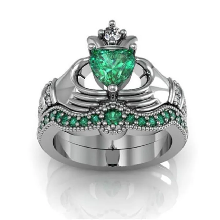 Eternal Claddagh Pierścień Zestawy Luksusowe 10KT Białe Złoto wypełnione 1ct Heart Green Sapphire Women's Embagement Wedding For Women G292J