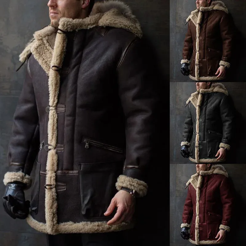 Erkek Ceketler Sonbahar Kış Kış Kapşonlu Sahte Kürk Katlı Ceket Entegre Peluş Peluş Peluş Sıcak Ceket Erkek Tek Göğüslü Katı Nedensel Dış Giyim 231214
