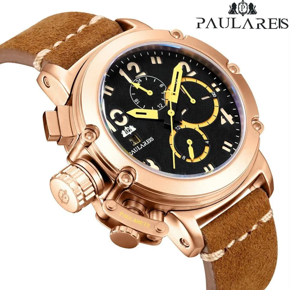 남성 자동 셀프 바람 기계식 진짜 갈색 가죽 다기능 날짜 보트 월간 Luminous Limited Rose Gold Bronze U Watch L251W