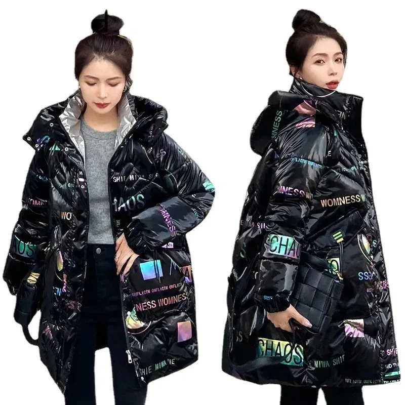 Kvinnor Down Parkas Kvinnlig stor storlek Huven Long Parkas Down Cotton Coat Womens Bright Face Wash Free Vinter Korean Löst vadderad jacka 231213