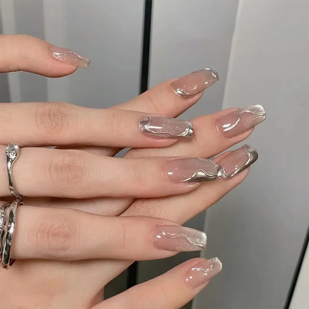 Unhas falsas MAGO Handmade Press on Full Cover Professional 10pcs Nails Nude Cat Eye Gradiente Curto Reutilizável Terminado Unhas Falsas 231214