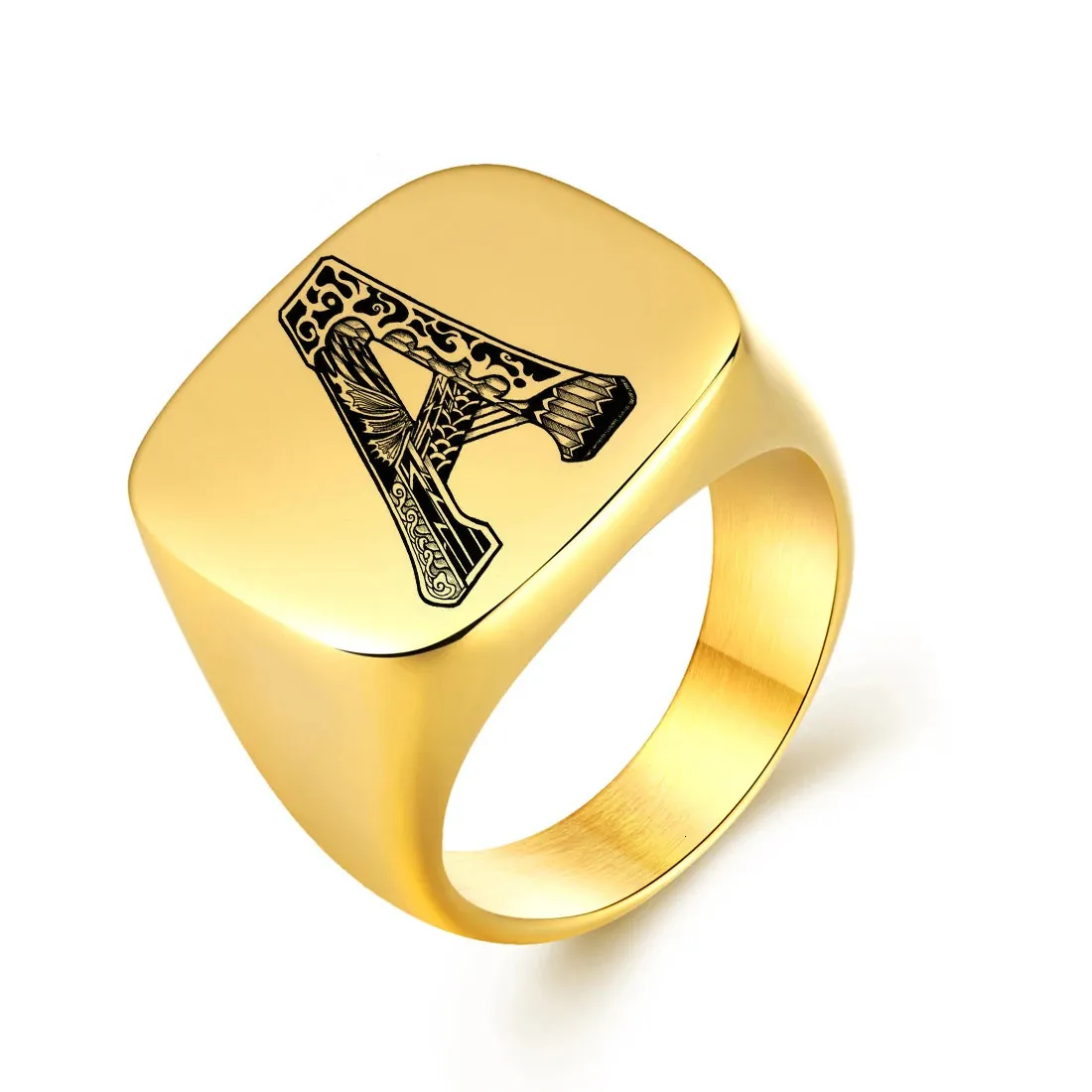 Anillos de boda Iniciales personalizadas Anillo de sello para hombres Banda de acero inoxidable Grabado personalizado Letras A-Z Anillos Color oro Joyería masculina Regalo 231214