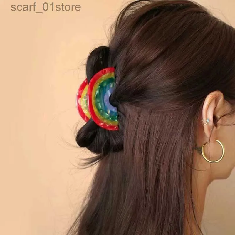 Headwear Hair Accessories Korean Niche Semi-Circular Stitching Simple Lucky Rainbow Acetic Acid Shark Clip Bangs Cl Headwear Hair Accessories For GirlsL231214