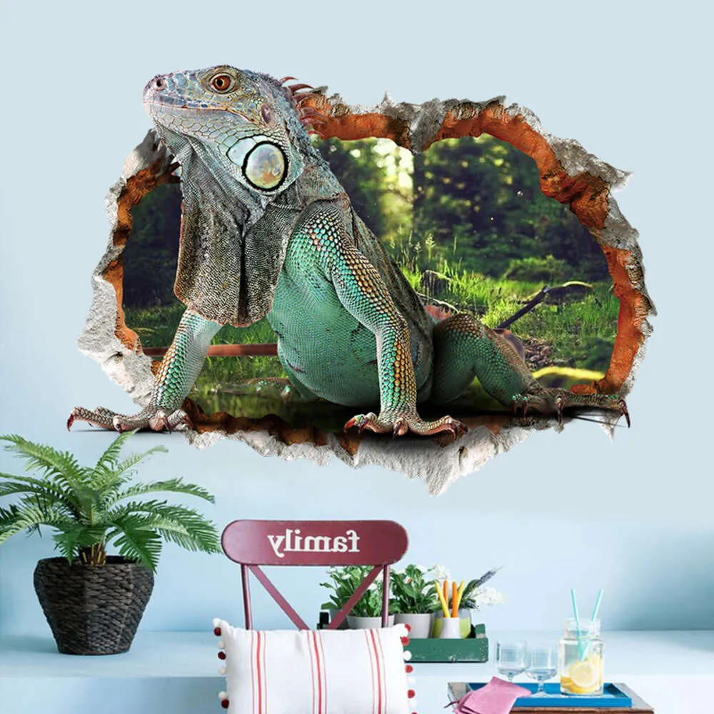 Ödla 3D View Wall Sticker Real Animal Wallpapers Through Wall Green Lizard Decals Kids Room Decoration pojkar gåvor