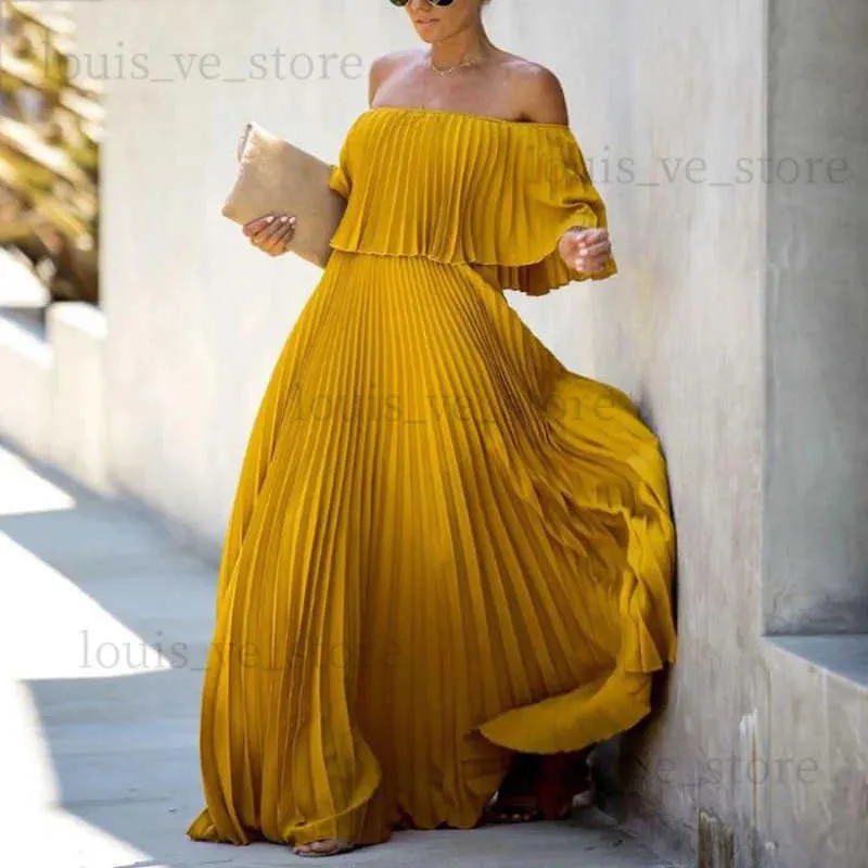 Urban Sexy Kleider Sexy Off Shoulder Plissee Chiffon Abendkleid Gelb Maxi Elegante Lose Mode Outfits Party Frauen Kleidung 2023 Neue Sommer T231214