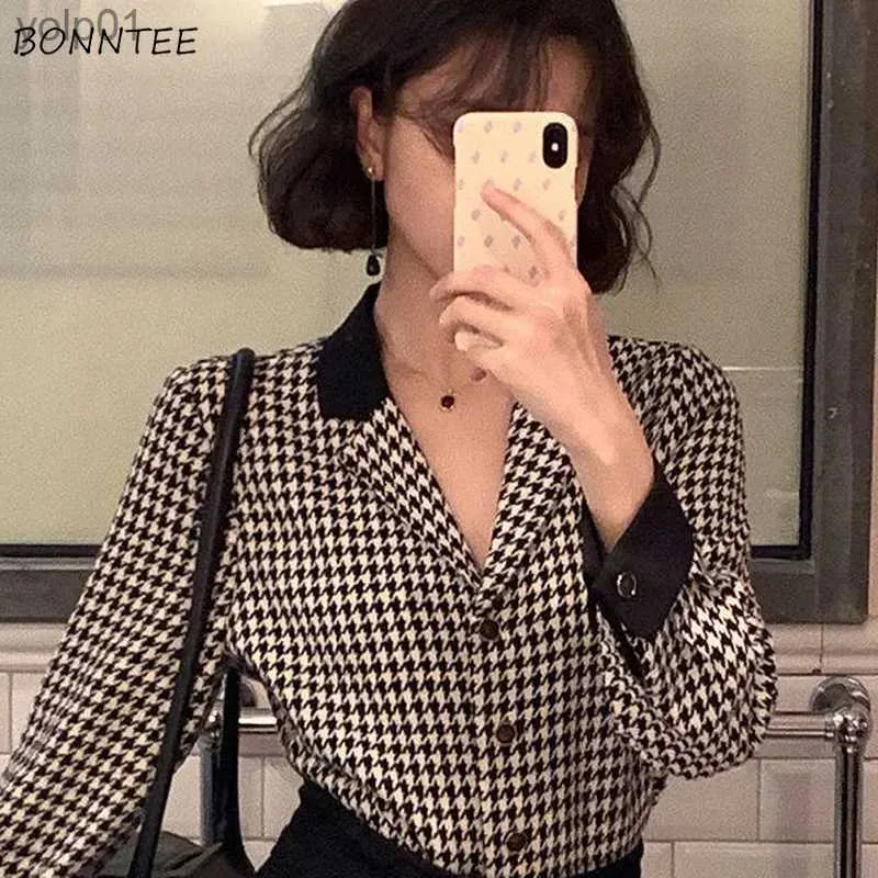 Dames Blouses Overhemden Houndstooth Shirts Dames Frans Elegant Temperament Informeel Daten Feestdagen Kantoor Dames Tieners Kleding Lente Retro Vintage TopL231214