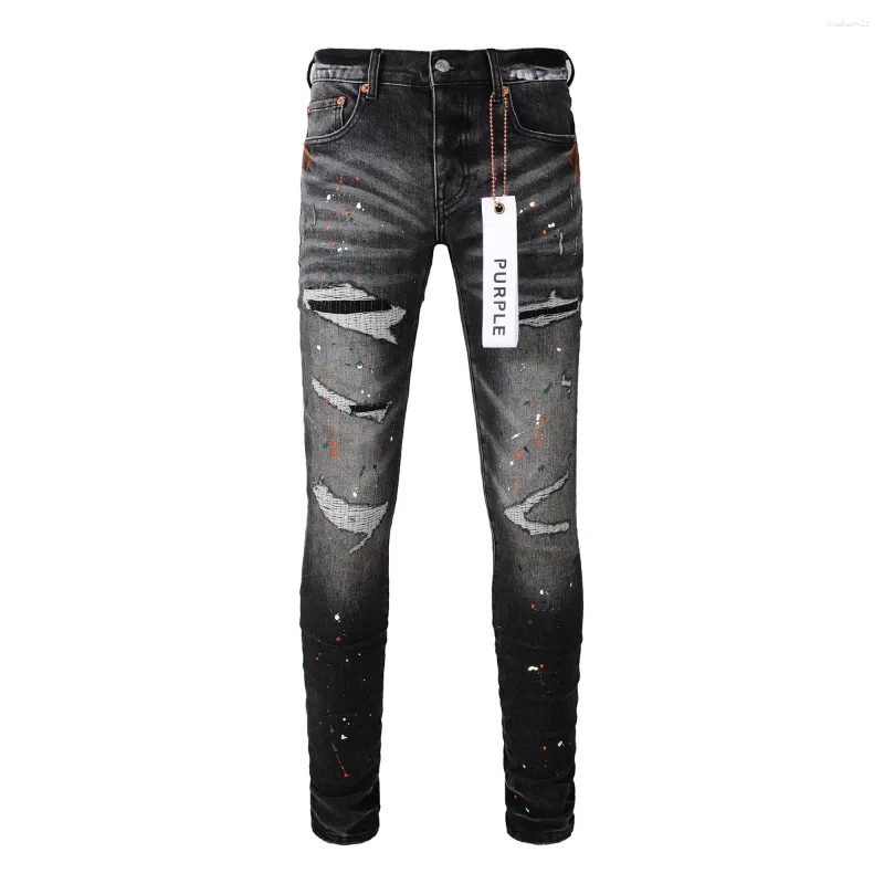 Jeans pour hommes Marque Purple Man Black High Street Paint Graffiti Motif Endommagé Ripped Skinny Pantalon Denim Pantalon 437 621