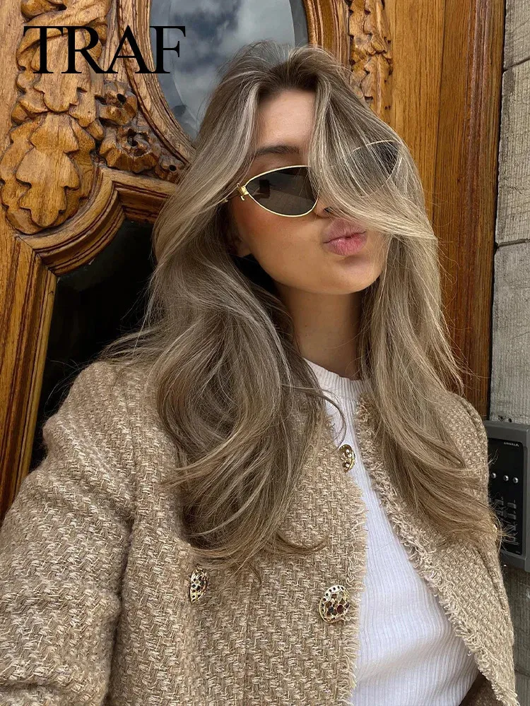 ジャケット・アウター FUJI TWEED CLASSIC COAT BROWN size 6 Olyvenn Women Tweed Jacket Frayed Cropped Jacket Womens