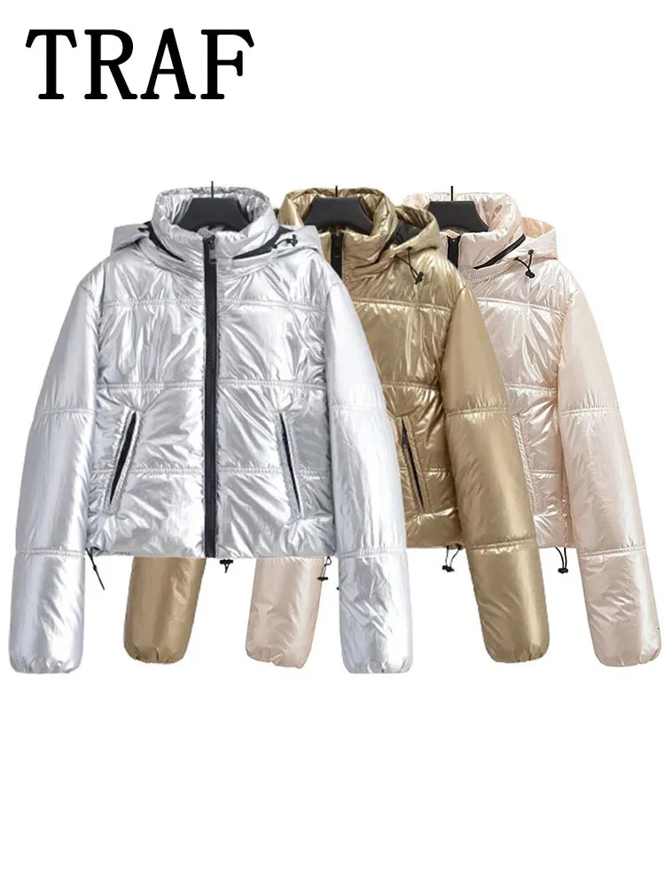 Damen Daunenparka TRAF 2024 Winterjacke Damen Warm Lose Baumwolle Frau Langarm Kapuzen