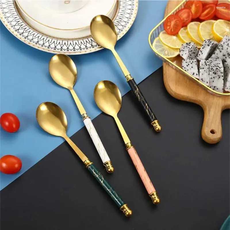 Coffee Scoops 1PC Stainless Steel Spoon Long Handle Teaspoon Ice Cream Dessert Snack Spoons Imitation Ceramic Kitchen Tools