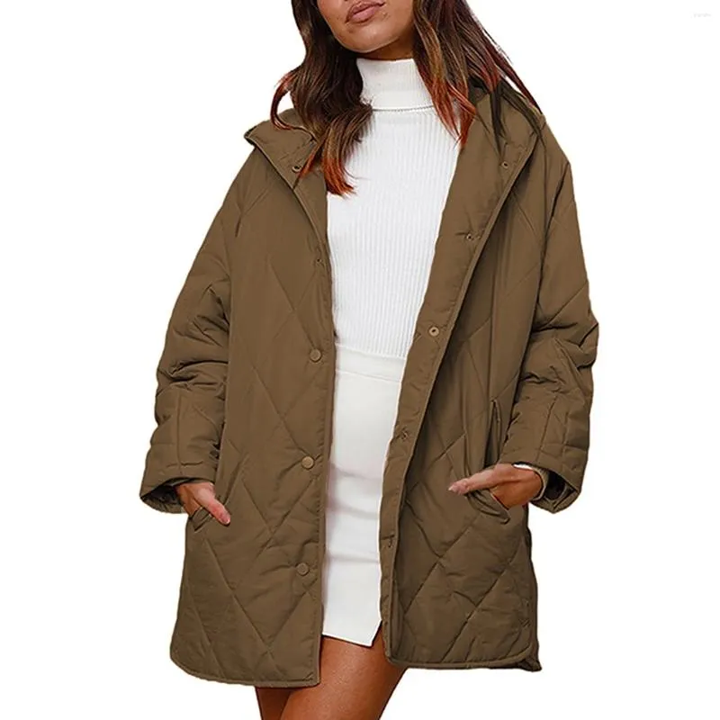 Vestes Femmes Mode 2024 Manteau d'hiver pour femmes Couleur unie Diamant Check Bouton matelassé à capuche léger décontracté