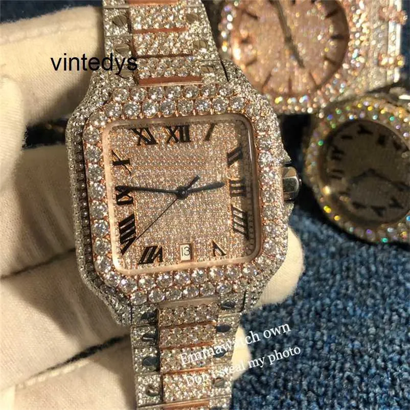 Orologi da uomo Top 2023 Nuovo stile Vvs Moissanite Orologio quadrato Iced Out Qualità Oro rosa Tono argento Quadrante di prova cassa