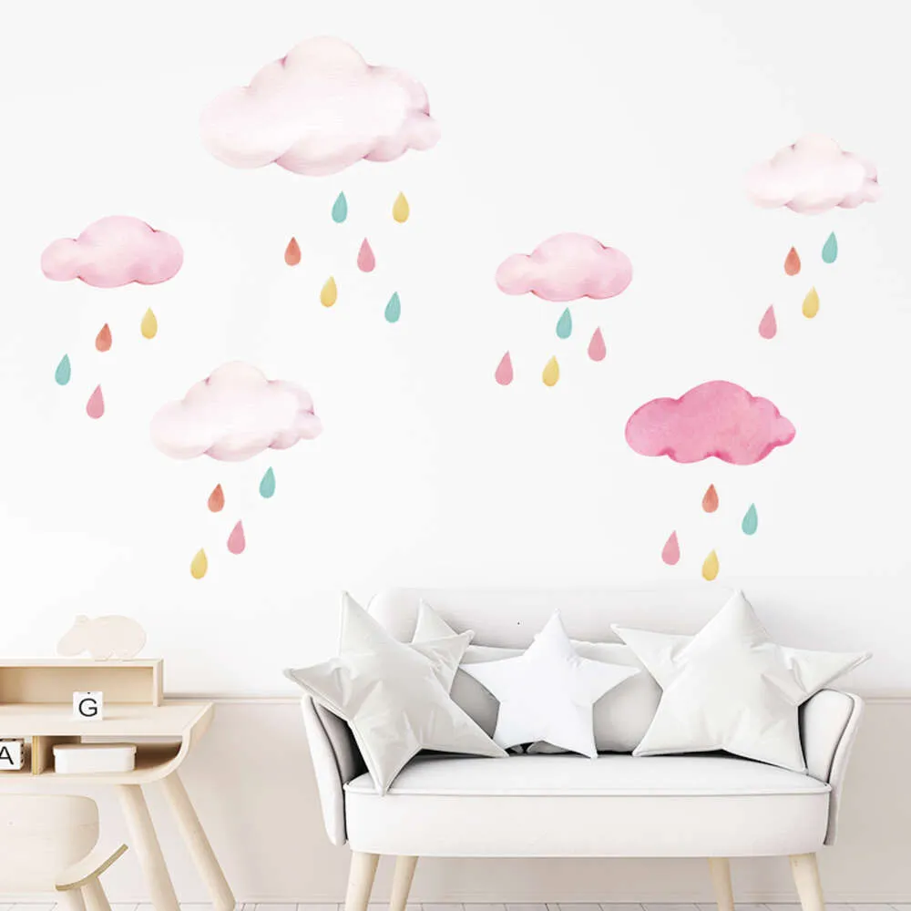 Soft Pink Clouds Colorful Raindrop Wall Stickers for Girl Room Wall Decals Beautiful Home Decorative Nursery Wall Decals Murals