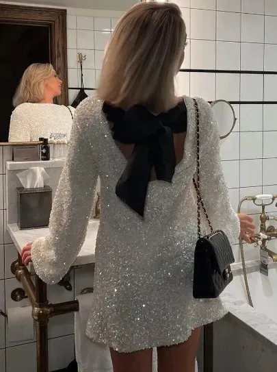 Chic White Bow Sequin Short Long Sleeve Sequin Dress for Women - Perfect for Christmas Parties and Evening Events (Style 231213)