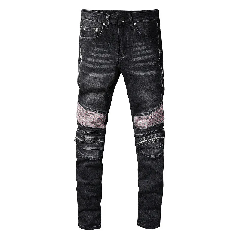 Guys Black Jeans Denim Skinny Fotits for Man Slim Biker Moto Hip Hop Straight Leg Vintage Distrest Streting膝