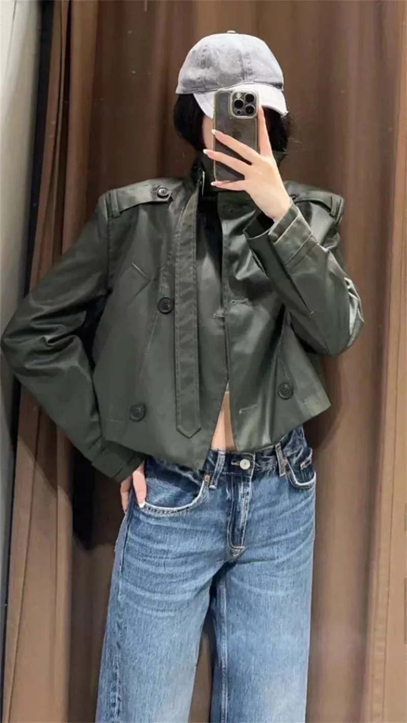 TRAF Dames Gewaxte Crop Trenchcoat Hoge Kraag Metalen Gesp Jas 2023 Herfst Lange Mouw StreetWear Vrouwelijke Bovenkleding 231213