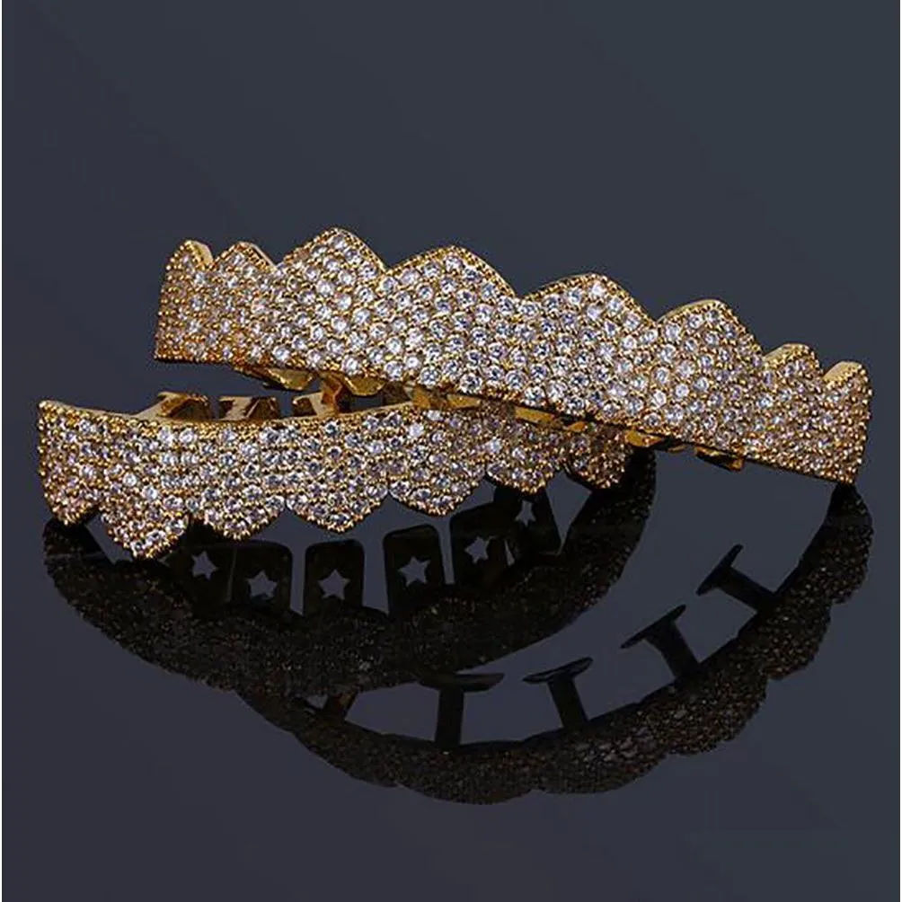 Grillz Dental Grills Iced Out Cz Mond Tanden Grillz Caps Top Bottom Grill Set Mannen Vrouwen Vampire 18K Vergulde Rock Punk Rapper Ac Otvxb