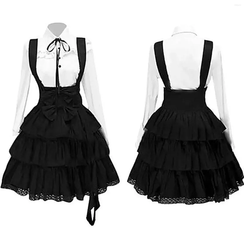 Sukienki swobodne Kobiety Strój pokojówki Lolita Cosplay Temperament Czarna spódniczka Lapel High Tali