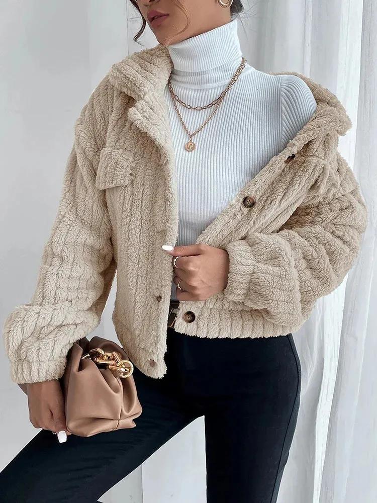 Womens Jackets Winter Women Rabbit Plush Jacket Faux Fur Thick Coat Casual Long Sleeve Loose Overcoat Female Outerwear Autumn Ladie Button 231214