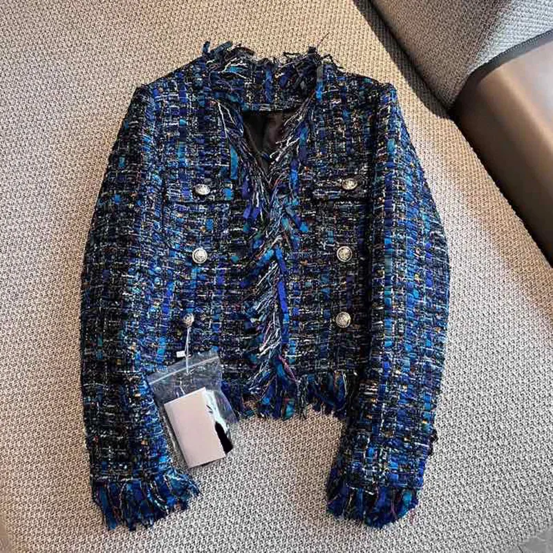 2024 스프링 블루 대비 컬러 트위드 재킷 긴 소매 V- 넥 버튼 더블 가슴 재킷 코트 짧은 아웃복 Z3D122712
