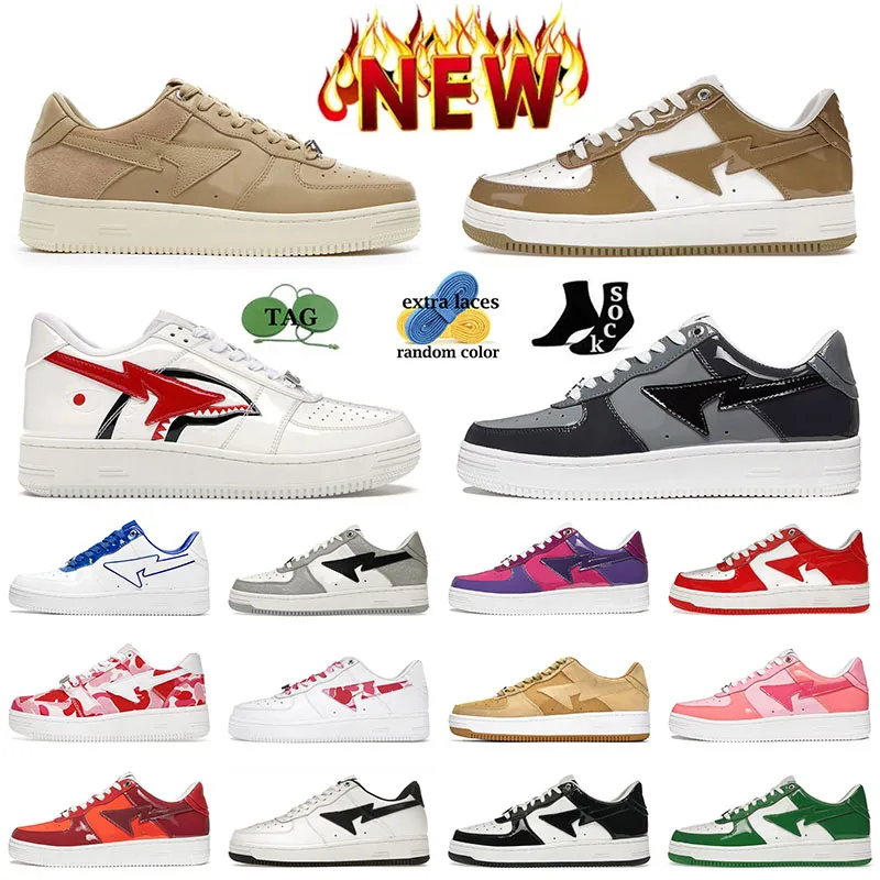 Comforts BapeStass Running Shoes Men Patent Leather White Khaki Women Low Suede Heel Beige Trainers Sta SK8 Sports Sneakers Bapestaes Shoes Nostalgic Yellow Green