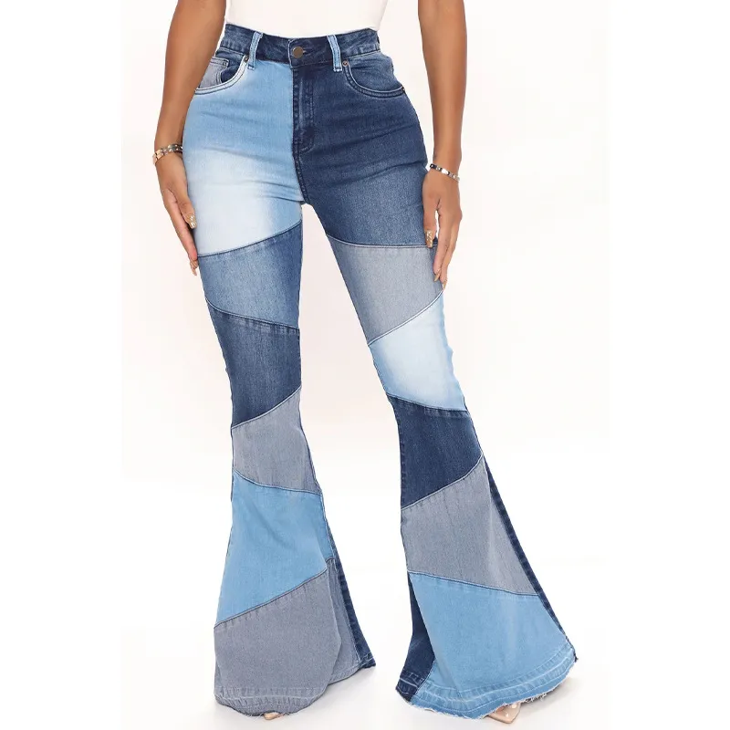 Mulheres flare jeans calças casuais pannelled colisão fashional cintura alta ajuste feminino de alta qualidade