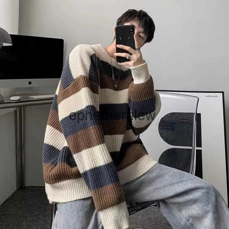 Herrtröjor 2023 Vinter Casual Dent Knitting Fashion Trend Coats Contrast Stripe Pullover långärmad rund Ne Wool Sweaterephemeralew