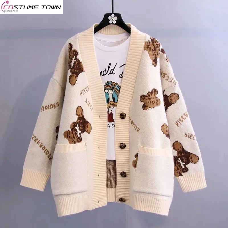 Damenpullover Little Bear Letter Pullover Mantel Locker und verdickt Herbst Koreanische Version Lazy Vielseitig gestrickte Strickjacke 231214