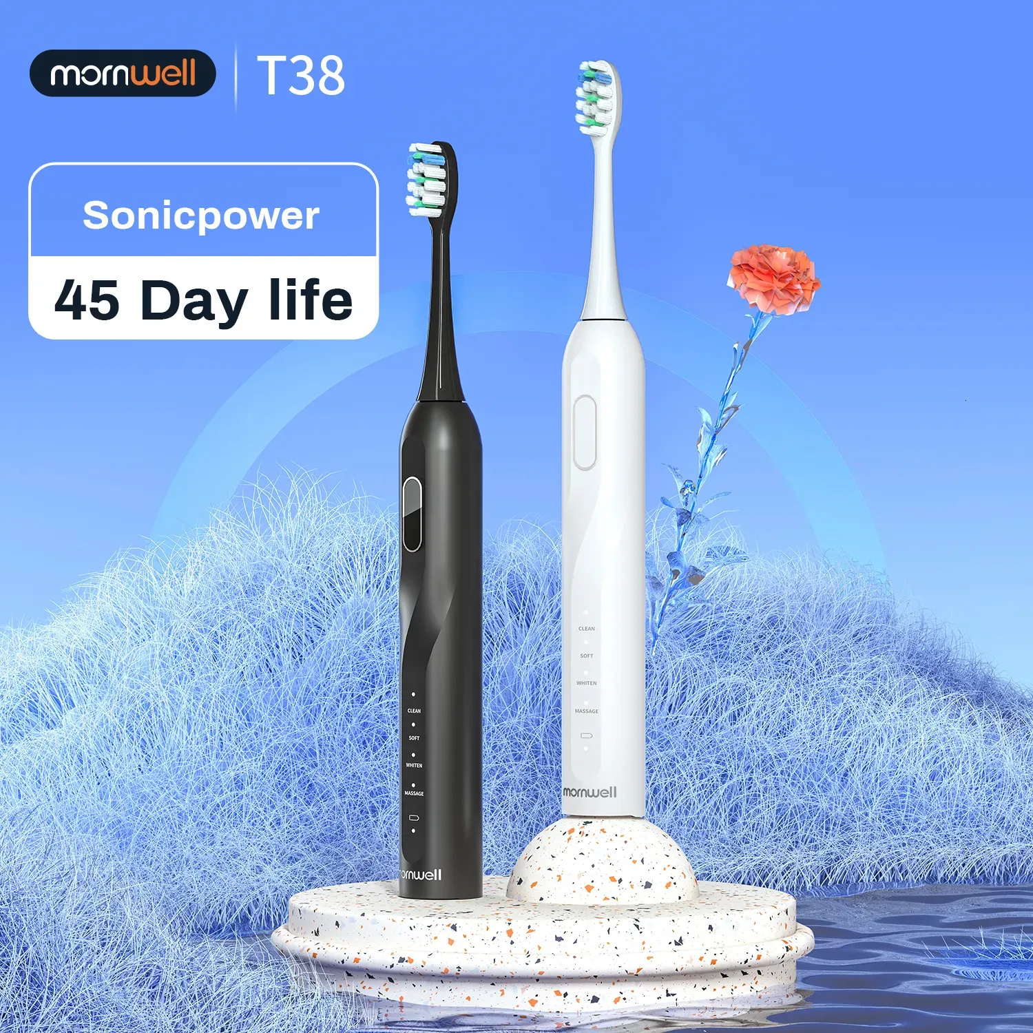 Зубная щетка Mornwell Electric Sonic Toothbrush T38 USB-зарядка для взрослых Водонепроницаемая ультразвуковая автоматическая зубная щетка 8 Сменная головка щетки 231214