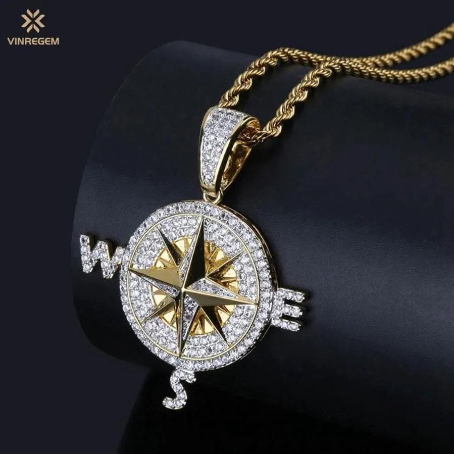 Catene Vinregem Hip Hop Rock Argento sterling 925 Forma di bussola Creata Moissanite Pietra preziosa Collana con pendente per feste Gioielleria raffinata Gif279j