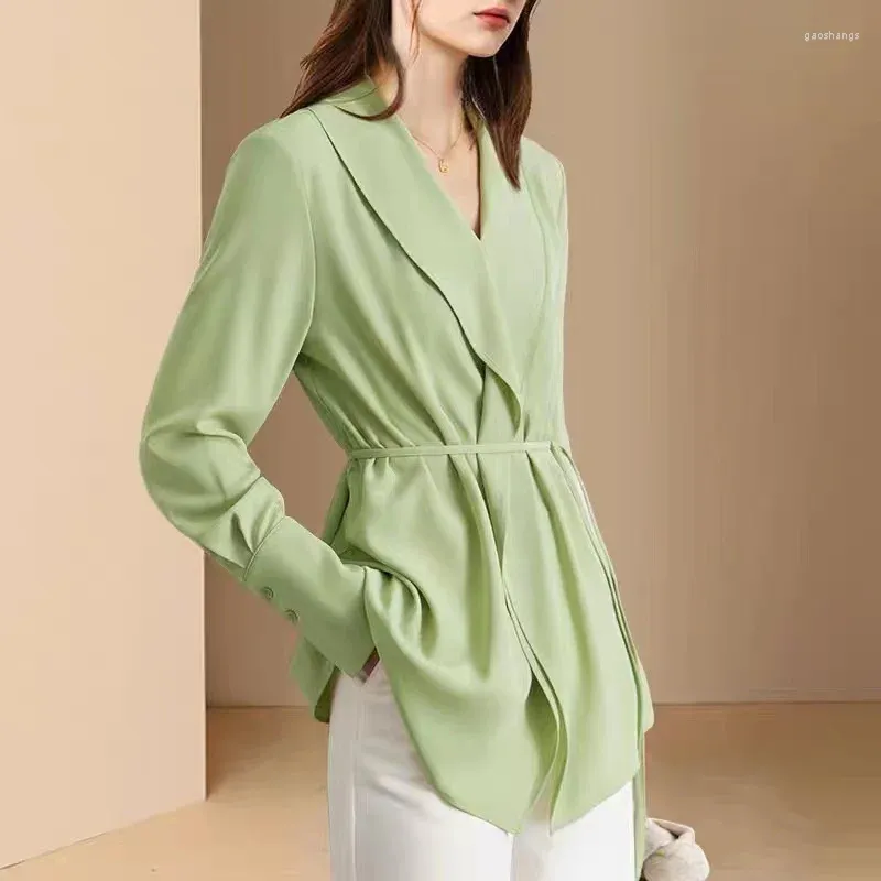 Damesblouses Chique lente herfst Dames elegante effen kleur losse tops met lange mouwen Groen mode kantoor dames zakelijke werkoverhemden