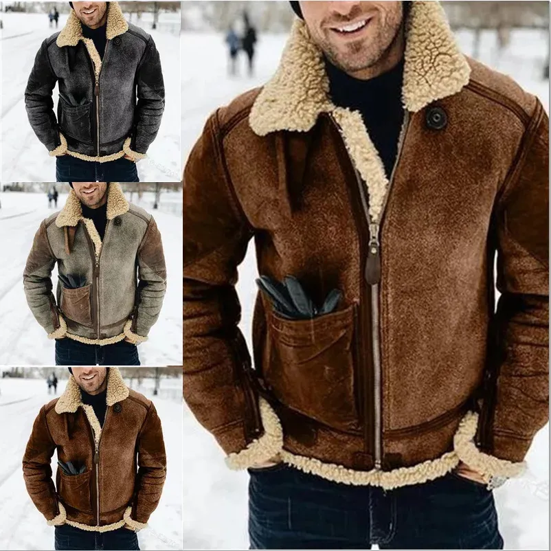 Męskie kurtki 2023 imitacja skórzana polarowa płaszcz męski zimowa ciepła futra zintegrowana kurtka zagęszczona lapy kontrastowe męskie 231214
