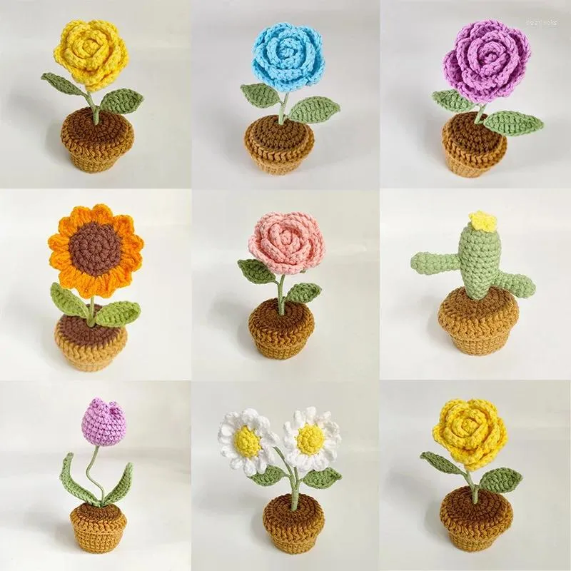 Decorative Flowers Crochet Sunflower Potted Plant Fake Flower Bonsai Rose Cactus Tulip Daisy Artificial Handmade Woven Gift Home Desk Decor