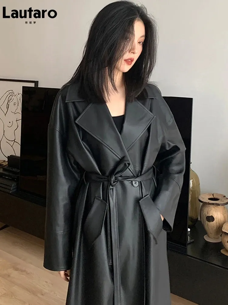Płaszcze damskie Lautaro wiosna jesienna długotrwały czarny skórzany płaszcz dla kobiet szarfy Pojedynczy guzik luźna stylowa moda koreańska 231213
