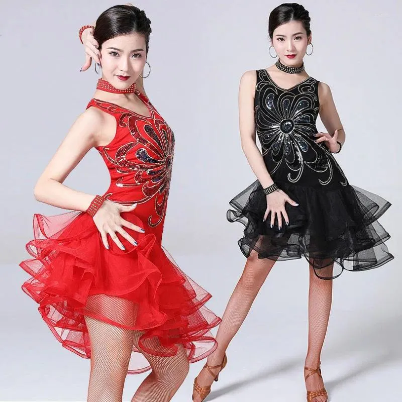 Stage Wear Mulheres Modern Dance Dress Latina Lantejoulas Malha Desempenho Traje Wave Out Hem Elegante e Moda Terno