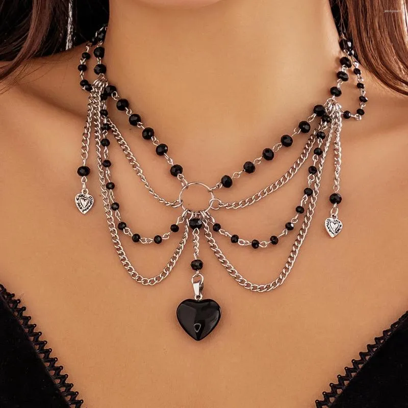 Pendentif Colliers Gothique Noir Goutte D'eau Cristal Amour Coeur Collier Ras Du Cou Femmes Mariée Vintage Multicouche Gland Chaîne Y2K Bijoux