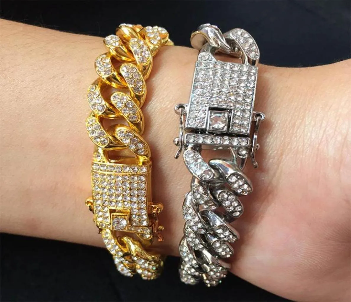 Męskie Hip Hop złote bransoletki Symulowane diamentowe bransoletki biżuteria moda mrożona w Miami Cuban Link Bransoleta Męska opaska JE3800874