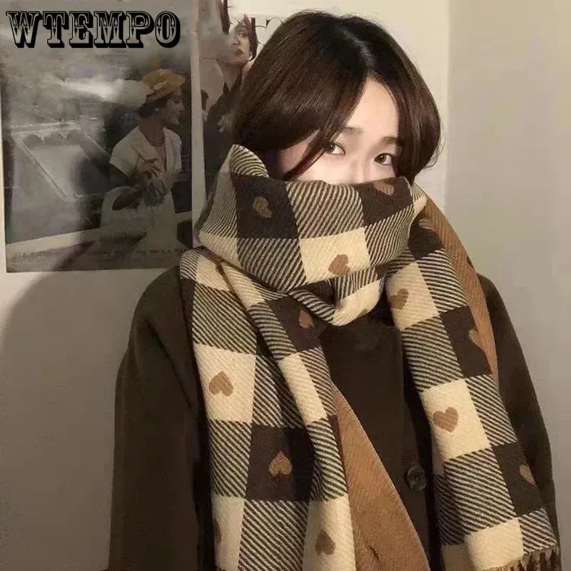 Écharpes WTEMPO Automne Hiver Imitation Cachemire Femmes Double Face Amour Plaid Écharpe Coréenne Gland Chaud Grand Châle Polyvalent Épais Wrap 231214