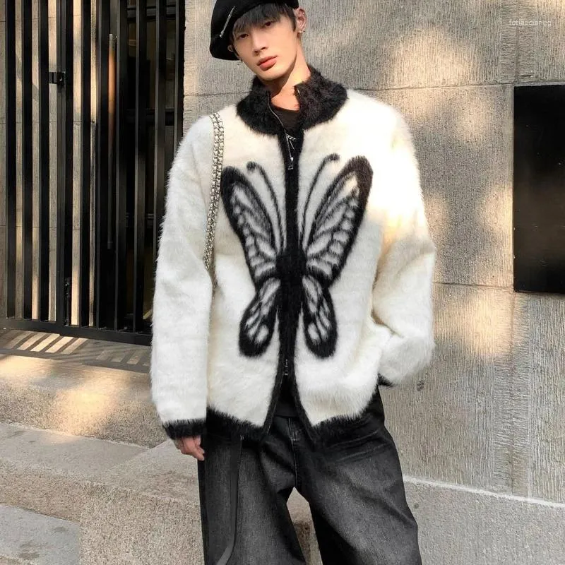 Herrtröjor American Butterfly Jacquard dragkedja tröja Cardigan Autumn Winter Par Lose Casual High Street Sticks Jackets Male