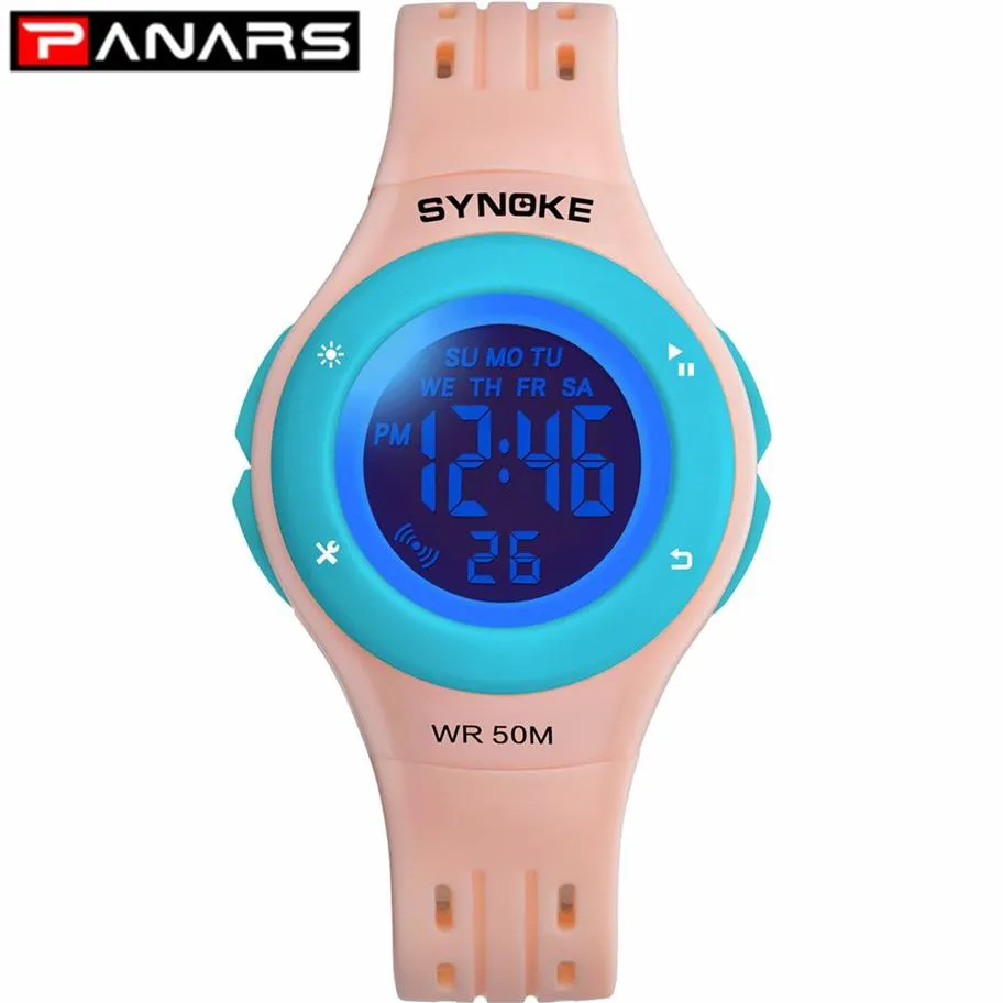 PANARS модные 5 цветов светодиодные детские часы WR50M водонепроницаемые детские наручные часы-будильник многофункциональные часы для девочек и мальчиков246U