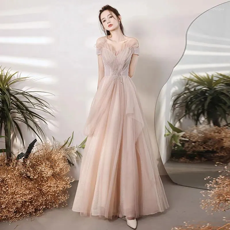 Abiti da festa Abito da sera rosa per donna 2023 Moda estiva con spalle scoperte Tulle Abiti da ballo Elegante senza schienale lungo formale