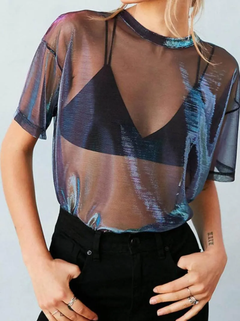 Женские футболки, модный стиль, темперамент, футболка с круглым вырезом и лазерной сеткой, футболка с короткими рукавами, повседневный прозрачный топ