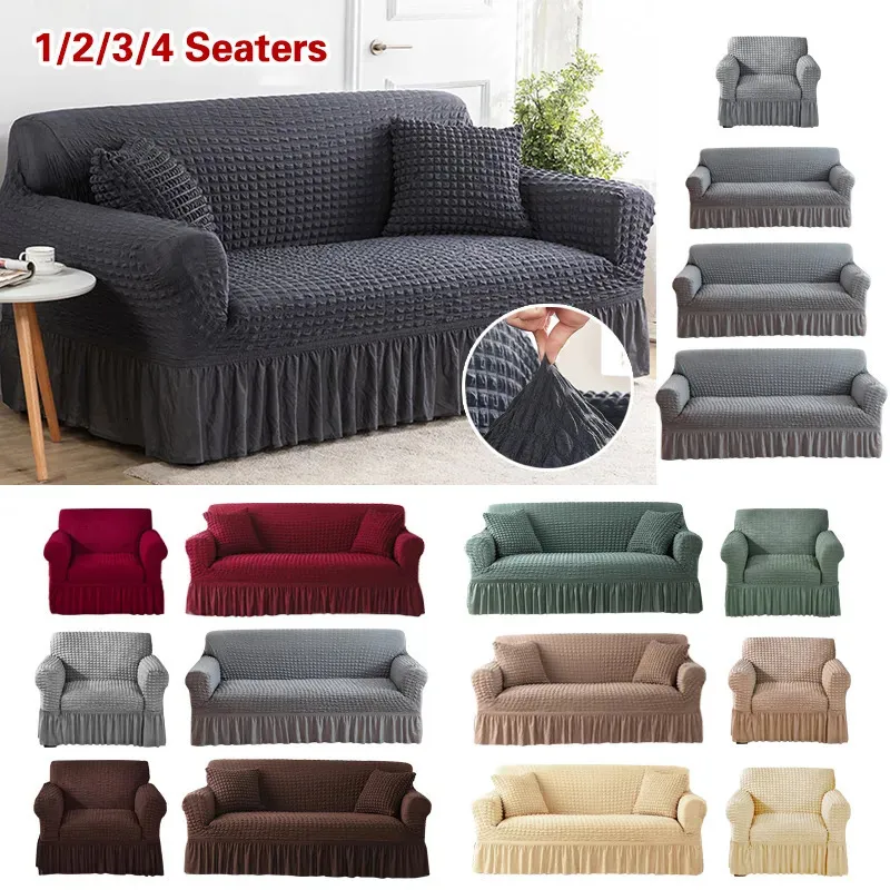 Elegant Sofa Slipcover with Skirt High Elasticity Seersucker Fabric for Living Room Easy Fitted Couch Cover Durable Washable Design 2024
